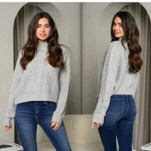 Light Grey Long Sleeve Mock Neck Trendy Knit Sweater-NEW-SIZE: LARGE
